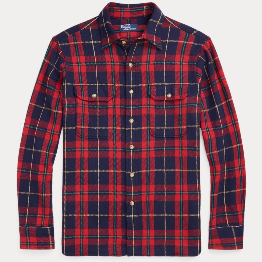 🔥Polo Ralph Lauren Classic Fit Suede-Patch Plaid Workshirt